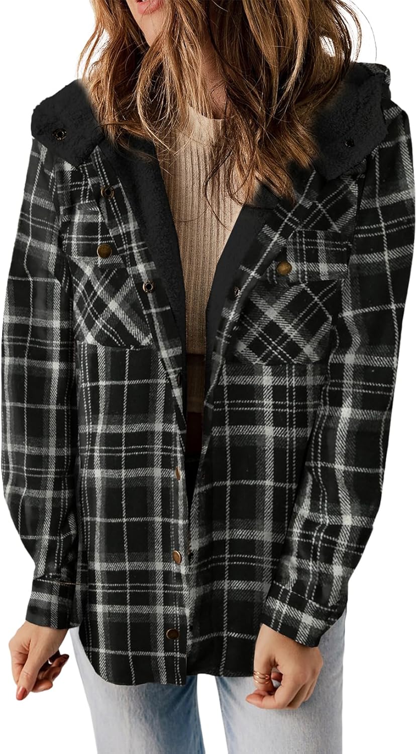 Dokotoo Women's Plaid Fleece Hooded Shacket Long Sleeve Button Down Warm Jacket Coat