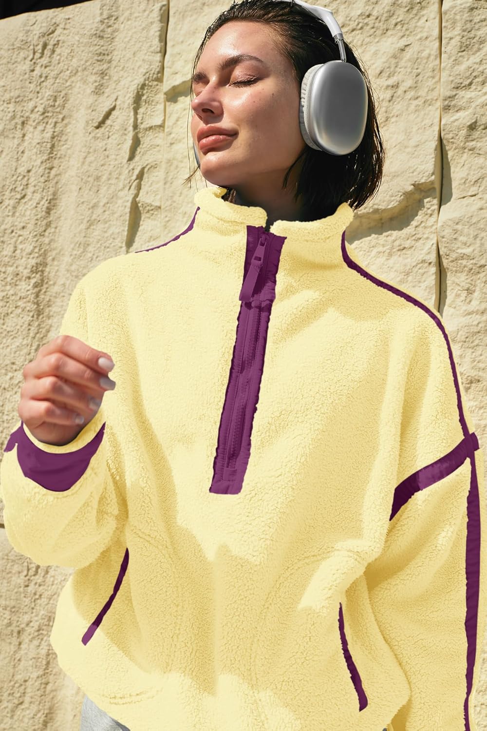 Panadila Women's Oversized Half Zip Sherpa Fleece Pullover Soft Fuzzy Sweatshirt with Pockets