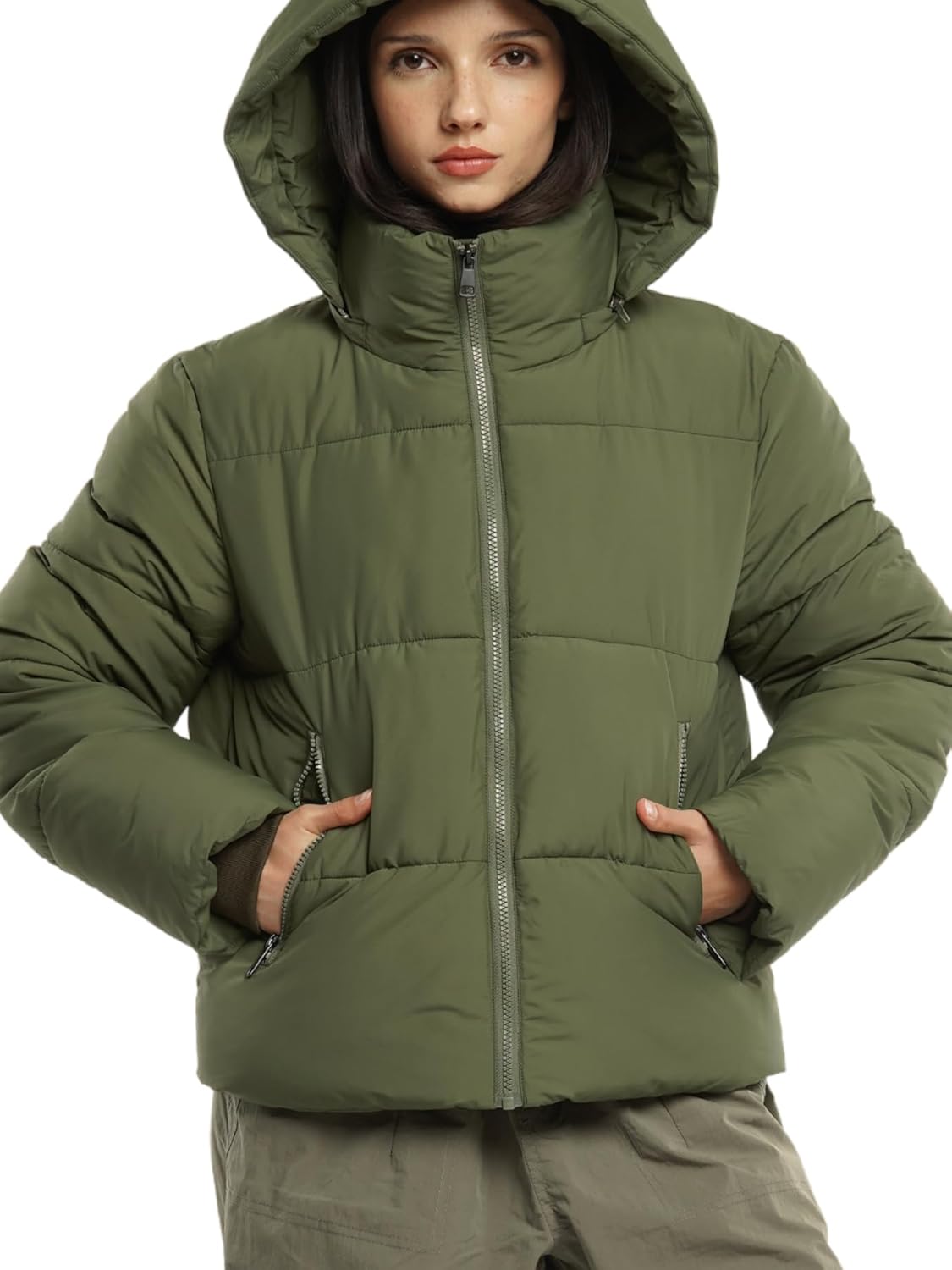 Women's Cropped Quilted Puffer Jacket with Removable Hood and Zippered Pockets Short Winter Coat