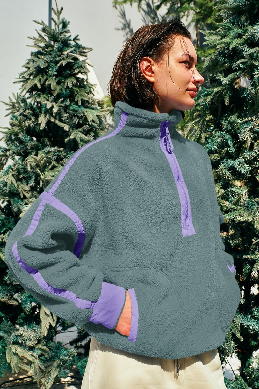 Panadila Women's Oversized Half Zip Sherpa Fleece Pullover Soft Fuzzy Sweatshirt with Pockets