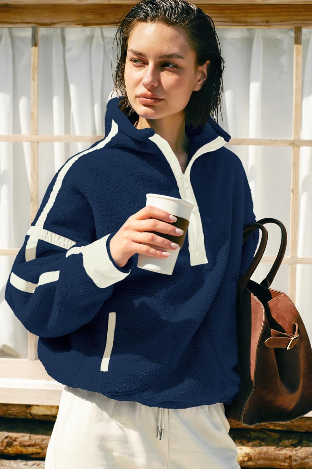 Panadila Women's Oversized Half Zip Sherpa Fleece Pullover Soft Fuzzy Sweatshirt with Pockets