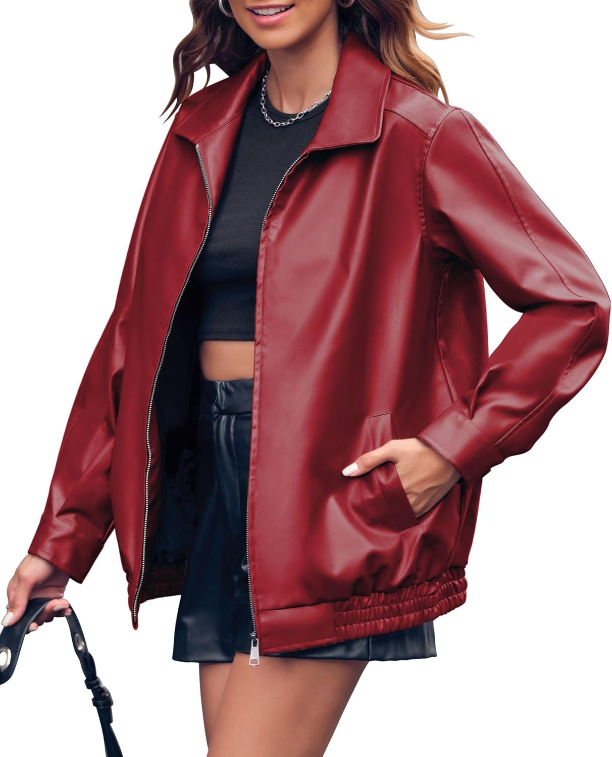 Miladusa Women's Oversized Faux Leather Zip-Up Bomber Motorcycle Jacket with Pockets