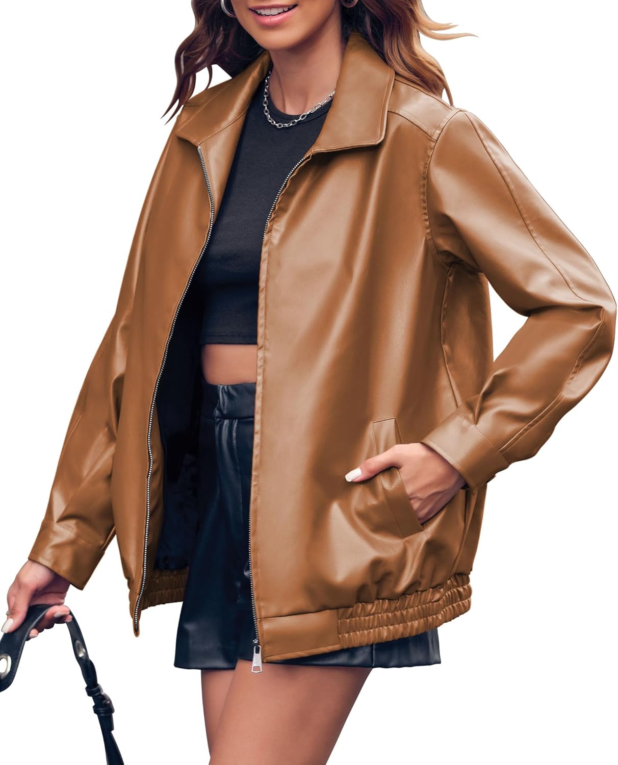 Miladusa Women's Oversized Faux Leather Zip-Up Bomber Motorcycle Jacket with Pockets