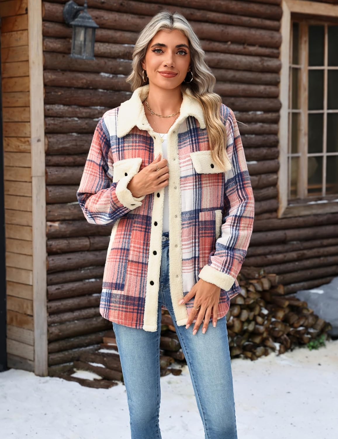 Zeagoo Women's Plaid Flannel Sherpa Lined Shacket Fleece Button Down Cozy Warm Fall Winter Jacket Coat S-XXL