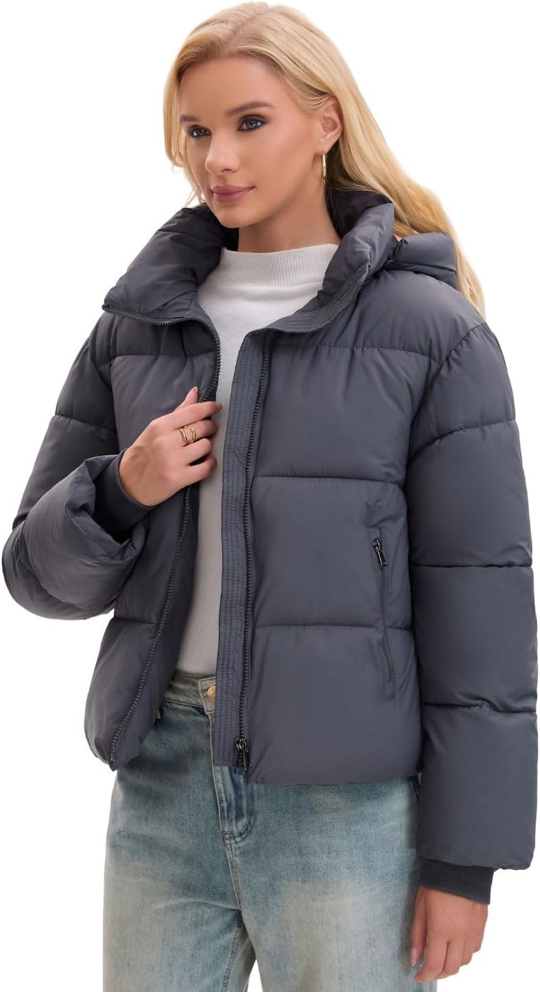 Women's Cropped Quilted Puffer Jacket with Removable Hood and Zippered Pockets Short Winter Coat