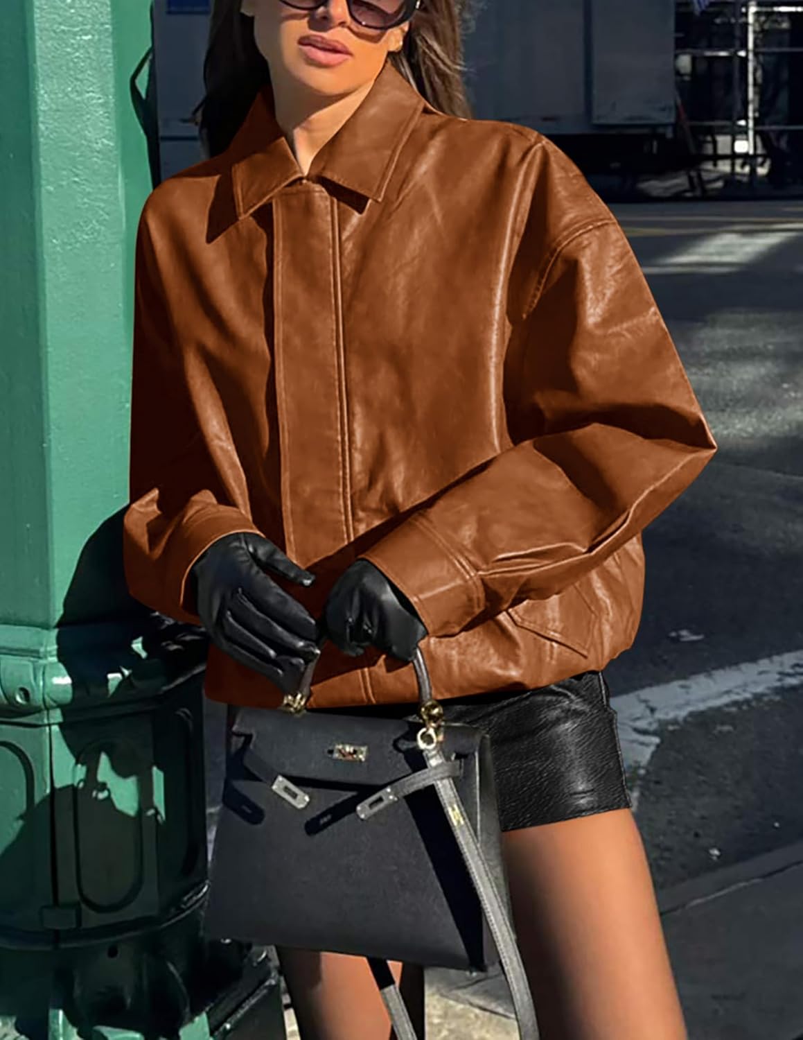 PRETTYGARDEN Women's Oversized Faux Leather Motorcycle Jacket Zip-Up Fall Spring Winter Coat Outerwear