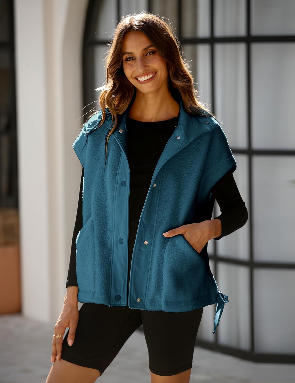 OPCAKM Women's Oversized Fuzzy Fleece Sherpa Vest Button Down Sleeveless Jacket with Pockets