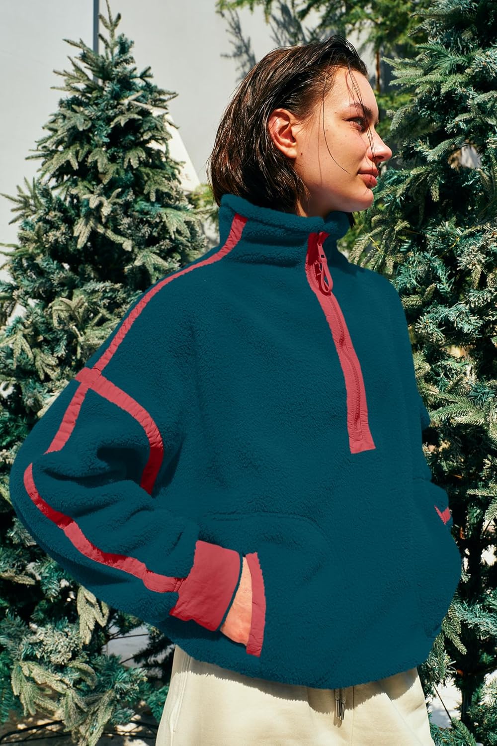 Panadila Women's Oversized Half Zip Sherpa Fleece Pullover Soft Fuzzy Sweatshirt with Pockets