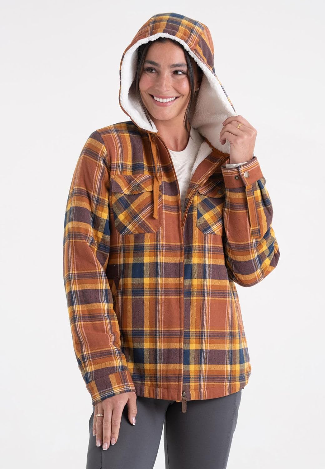 Legendary Whitetails Women's Berber-Lined Hooded Shacket Button Down Shirt Jacket with Drawstring Hood