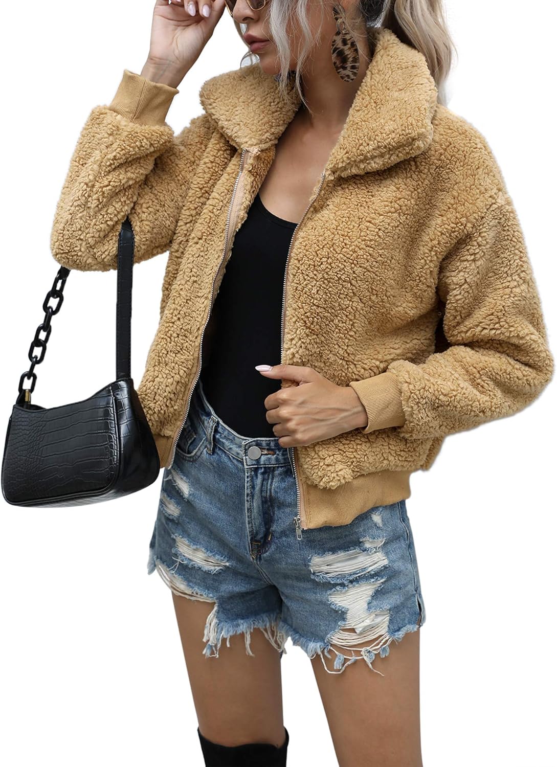 AKEWEI Women's Short Faux Fur Zip-Up Jacket Warm Shaggy Fluffy Winter Coat with Pockets