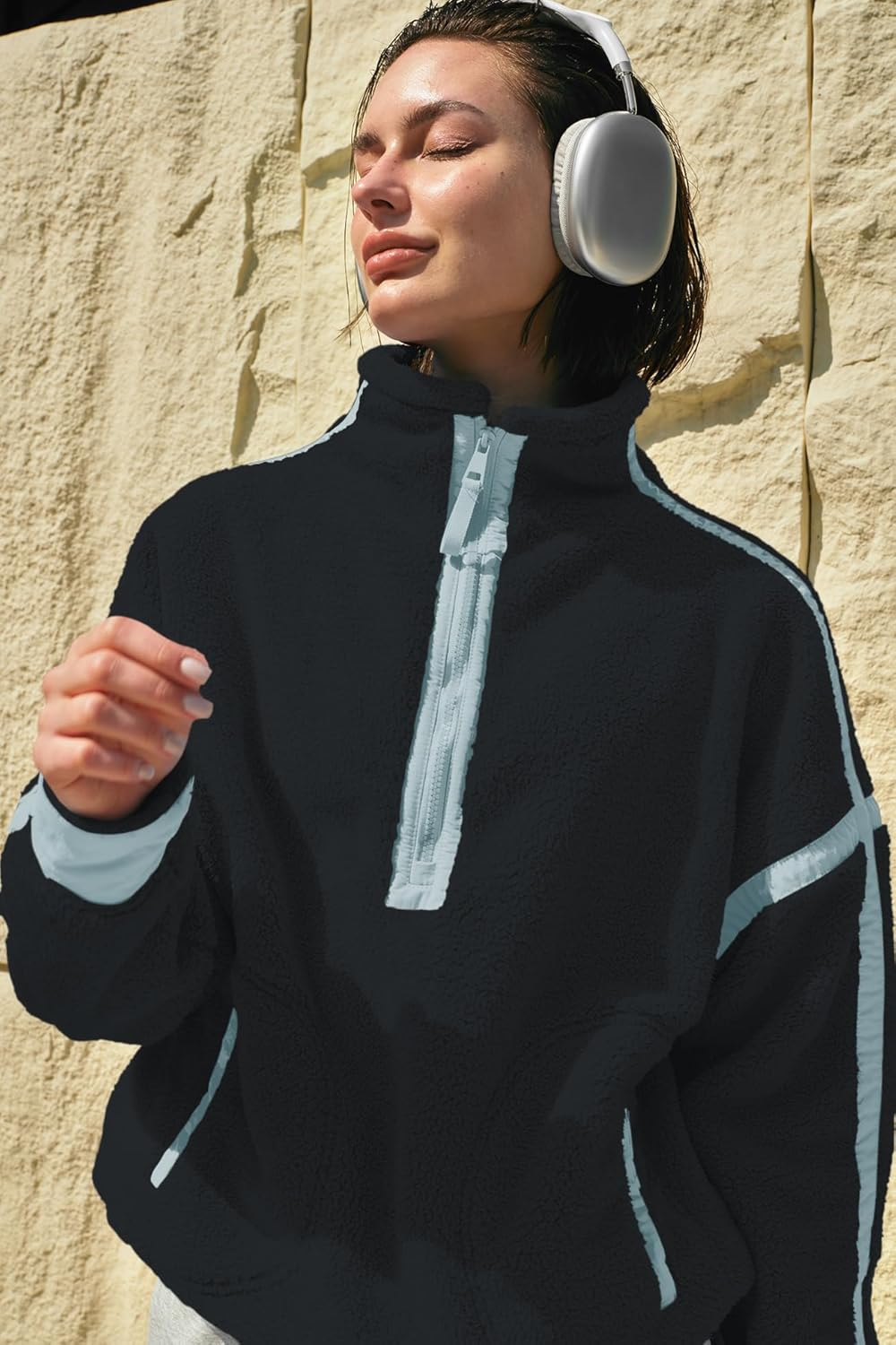 Panadila Women's Oversized Half Zip Sherpa Fleece Pullover Soft Fuzzy Sweatshirt with Pockets