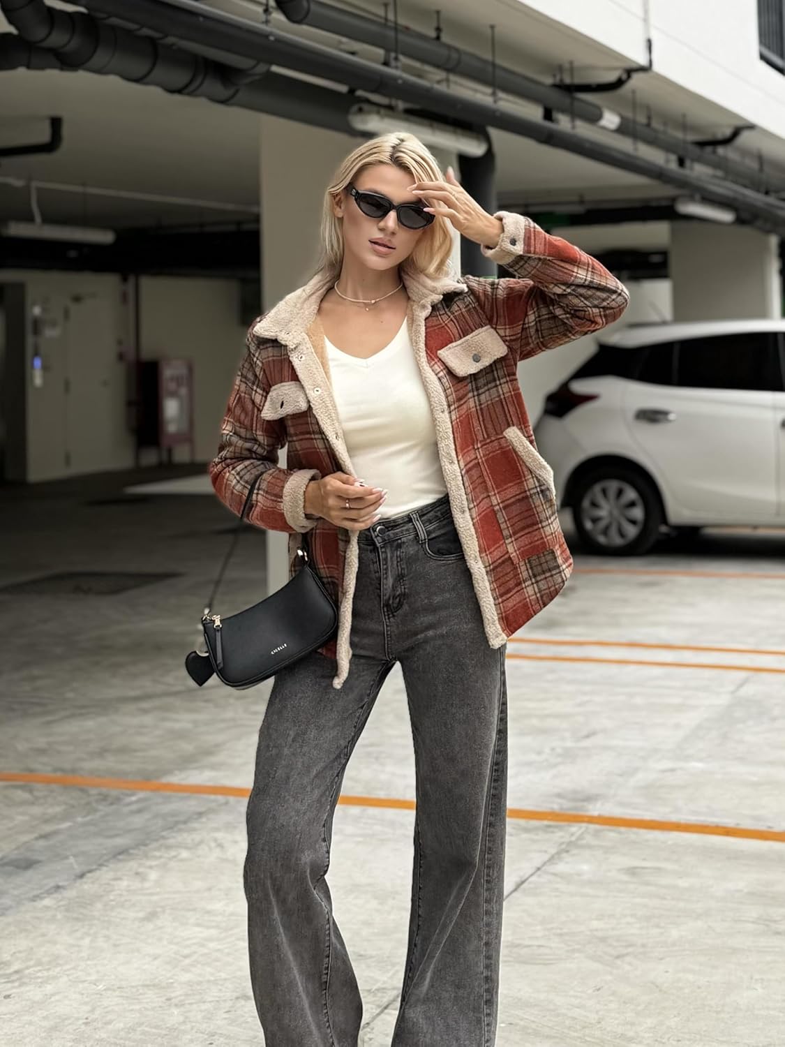 Zeagoo Women's Plaid Flannel Sherpa Lined Shacket Fleece Button Down Cozy Warm Fall Winter Jacket Coat S-XXL