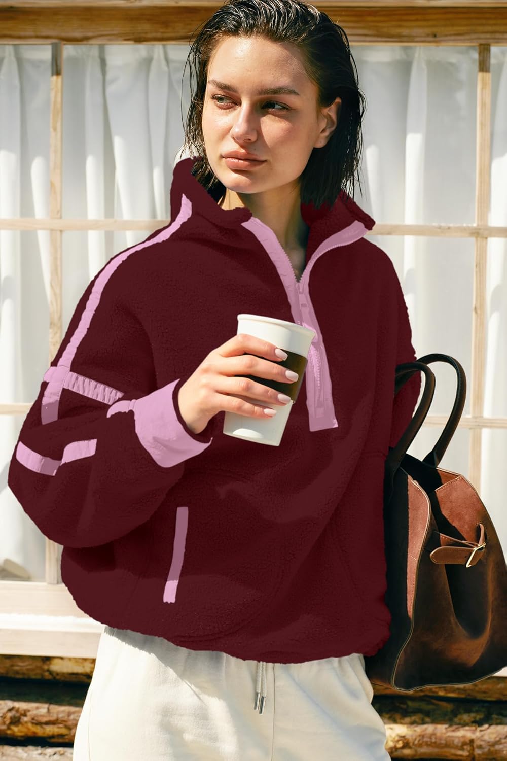 Panadila Women's Oversized Half Zip Sherpa Fleece Pullover Soft Fuzzy Sweatshirt with Pockets