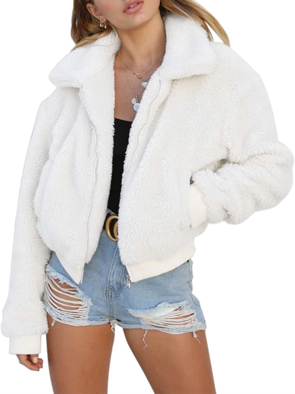 AKEWEI Women's Short Faux Fur Zip-Up Jacket Warm Shaggy Fluffy Winter Coat with Pockets