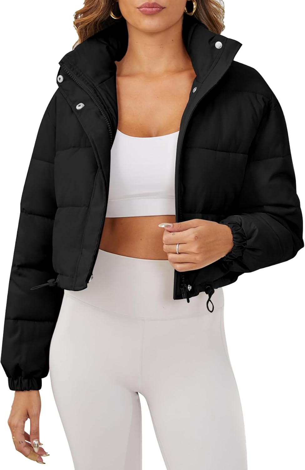 Women's Cropped Quilted Puffer Jacket Long Sleeve Stand Collar Zip-Up Puffy Coat with Drawstring & Pockets