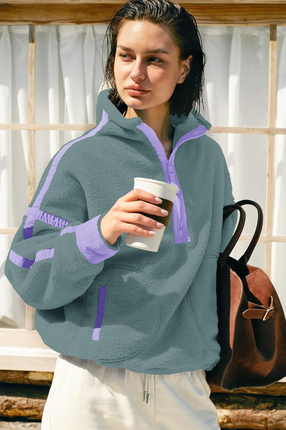 Panadila Women's Oversized Half Zip Sherpa Fleece Pullover Soft Fuzzy Sweatshirt with Pockets