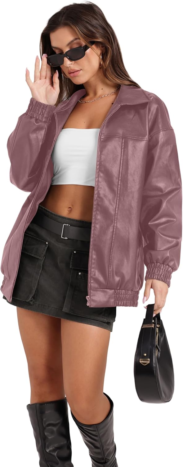 Sampeel Women's Faux Leather Oversized Motorcycle Jacket 2025 Fall Fashion Bomber Coat Winter Outfit