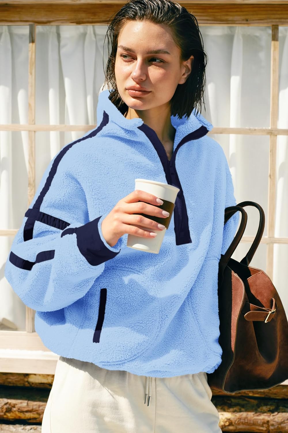 Panadila Women's Oversized Half Zip Sherpa Fleece Pullover Soft Fuzzy Sweatshirt with Pockets