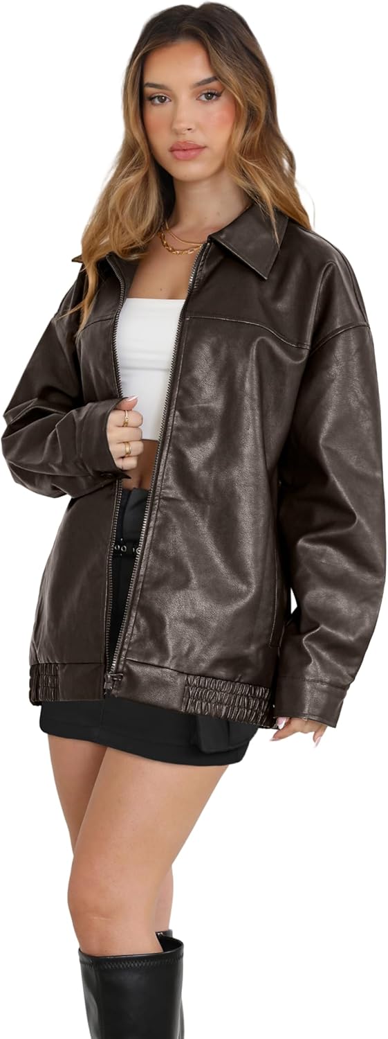 WIHOLL Women's Oversized Faux Suede Leather Jacket Fall Motorcycle Coat Winter Fashion Outfit Y2K Top