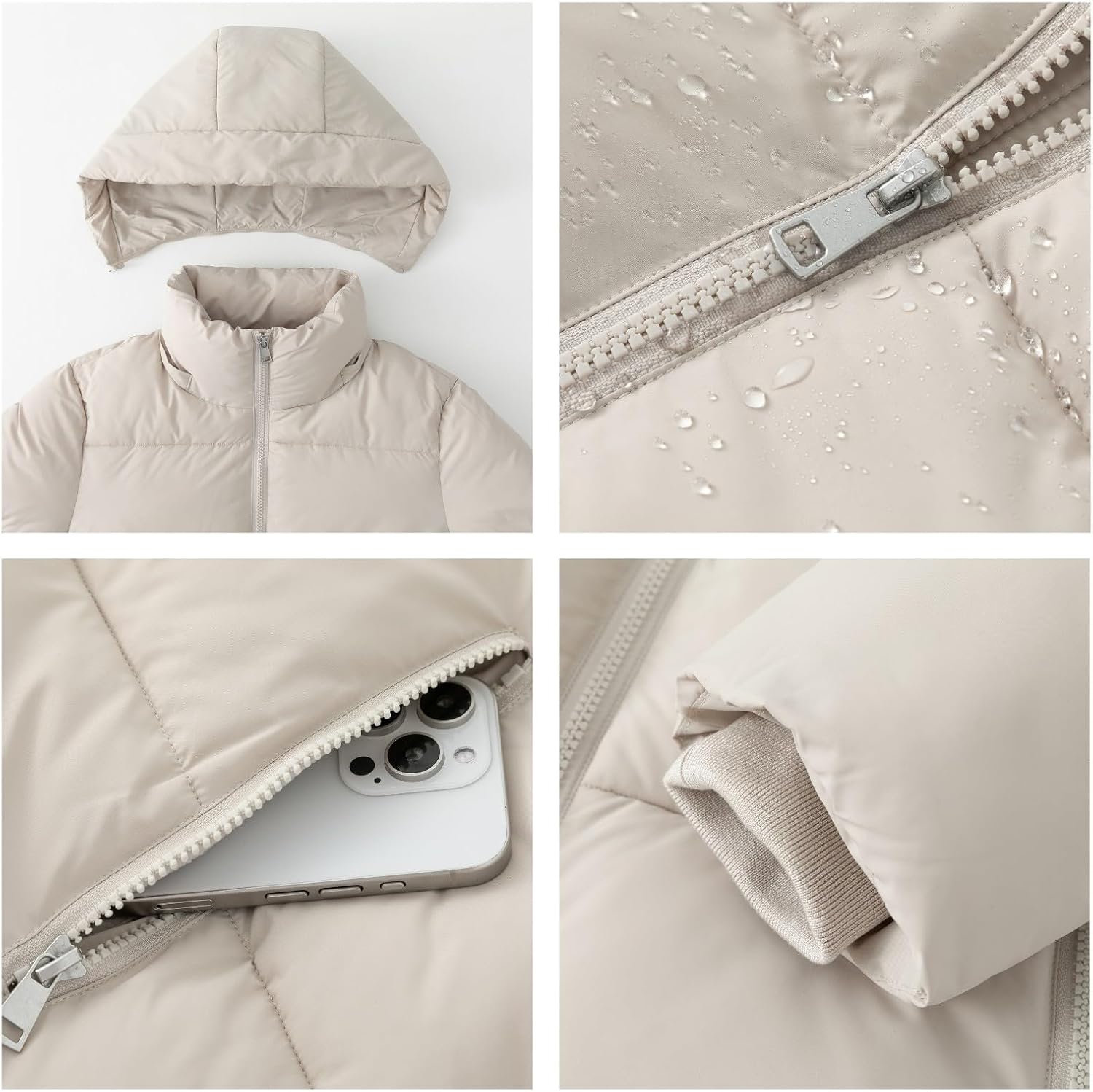 Women's Cropped Quilted Puffer Jacket with Removable Hood and Zippered Pockets Short Winter Coat