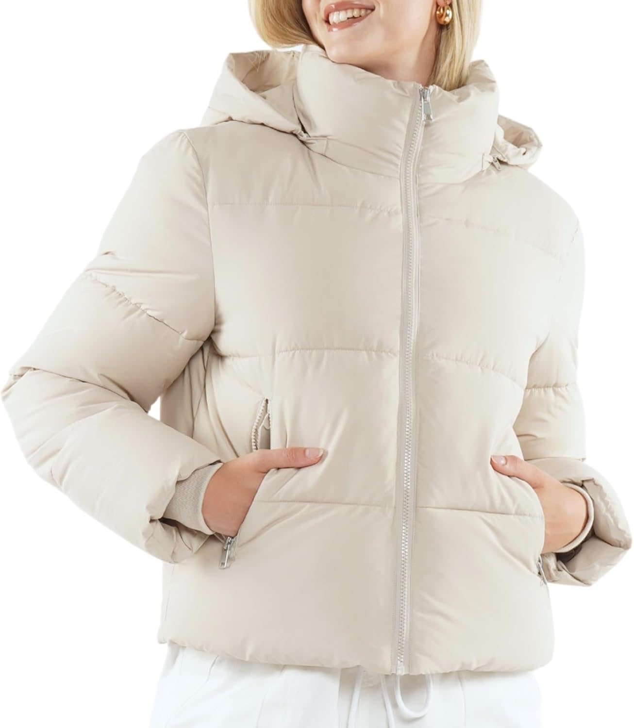 Women's Cropped Quilted Puffer Jacket with Removable Hood and Zippered Pockets Short Winter Coat