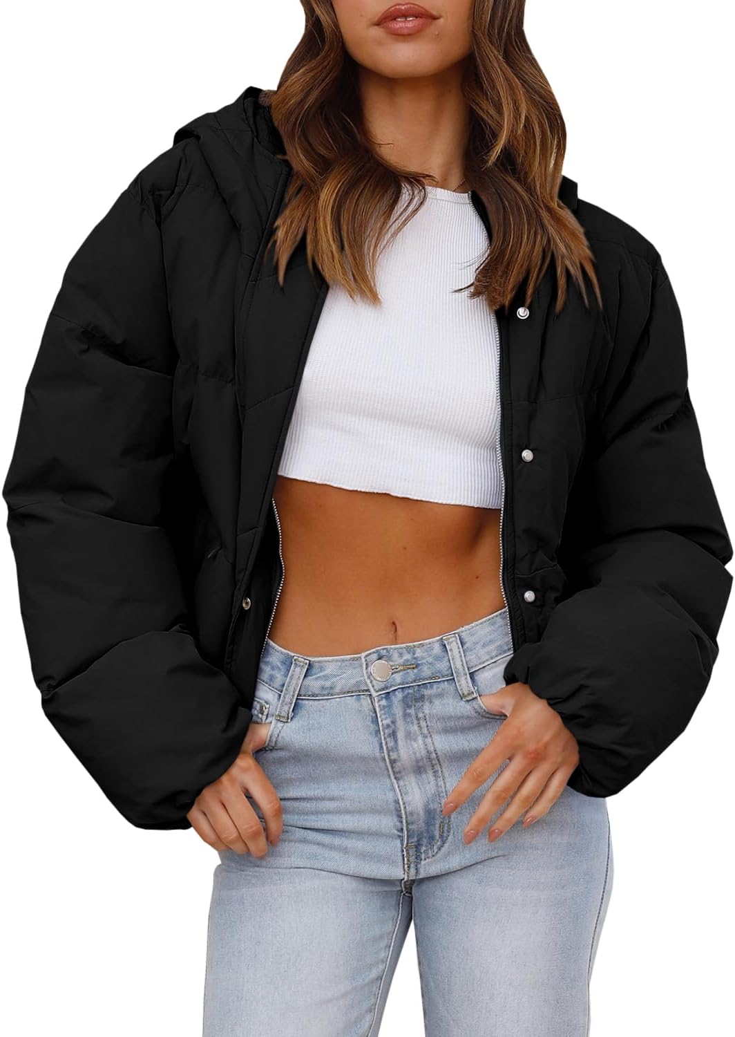 Tankaneo Women's Cropped Baggy Puffer Jacket Casual Winter Hoodie Short Coat with Pockets