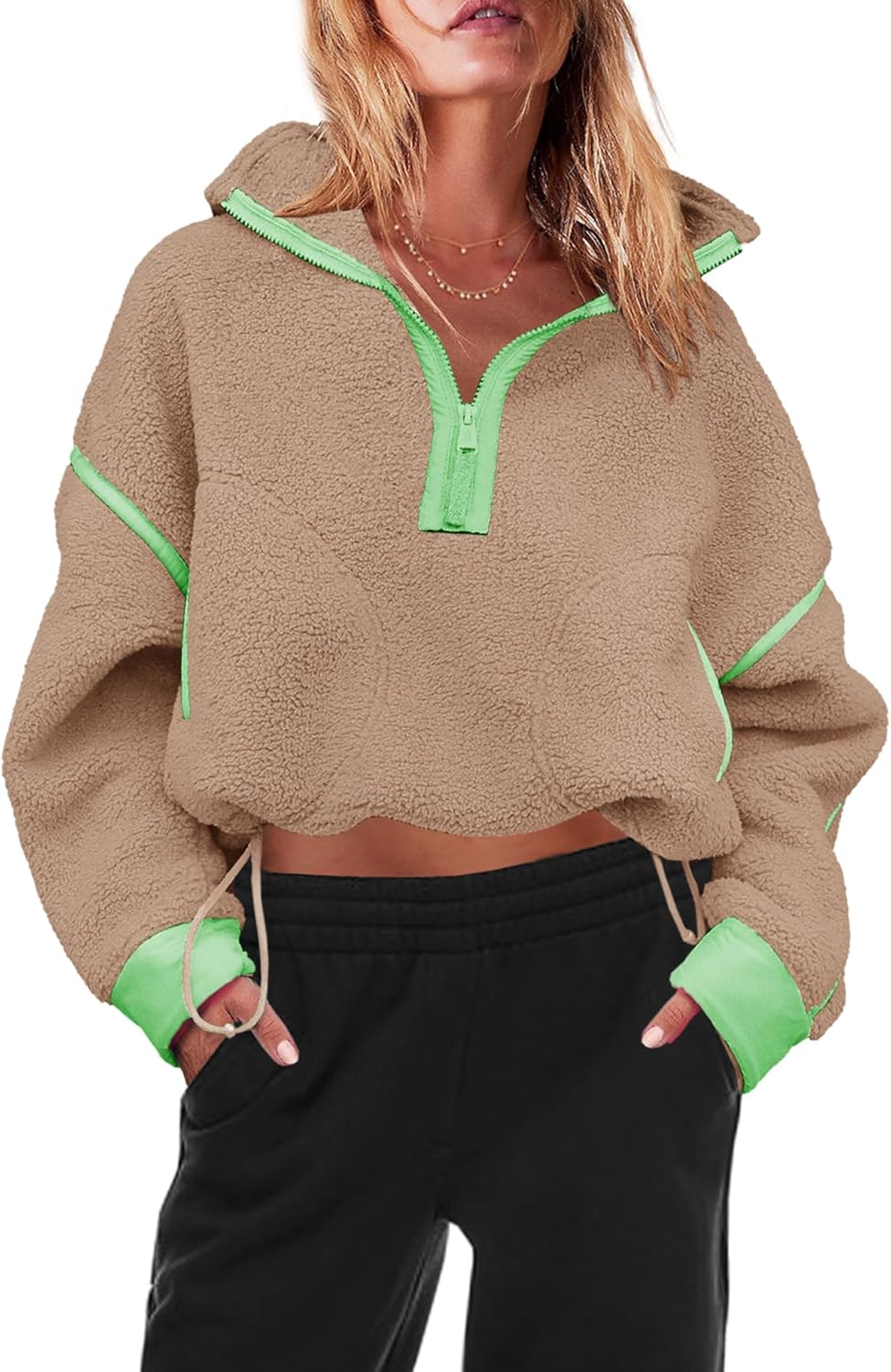 Panadila Women's Oversized Half Zip Sherpa Fleece Pullover Soft Fuzzy Sweatshirt with Pockets