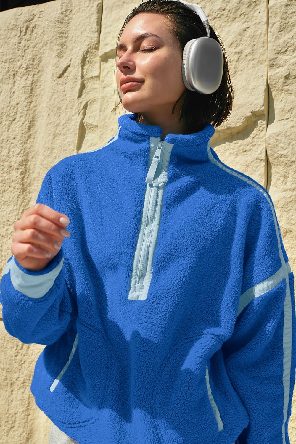 Panadila Women's Oversized Half Zip Sherpa Fleece Pullover Soft Fuzzy Sweatshirt with Pockets