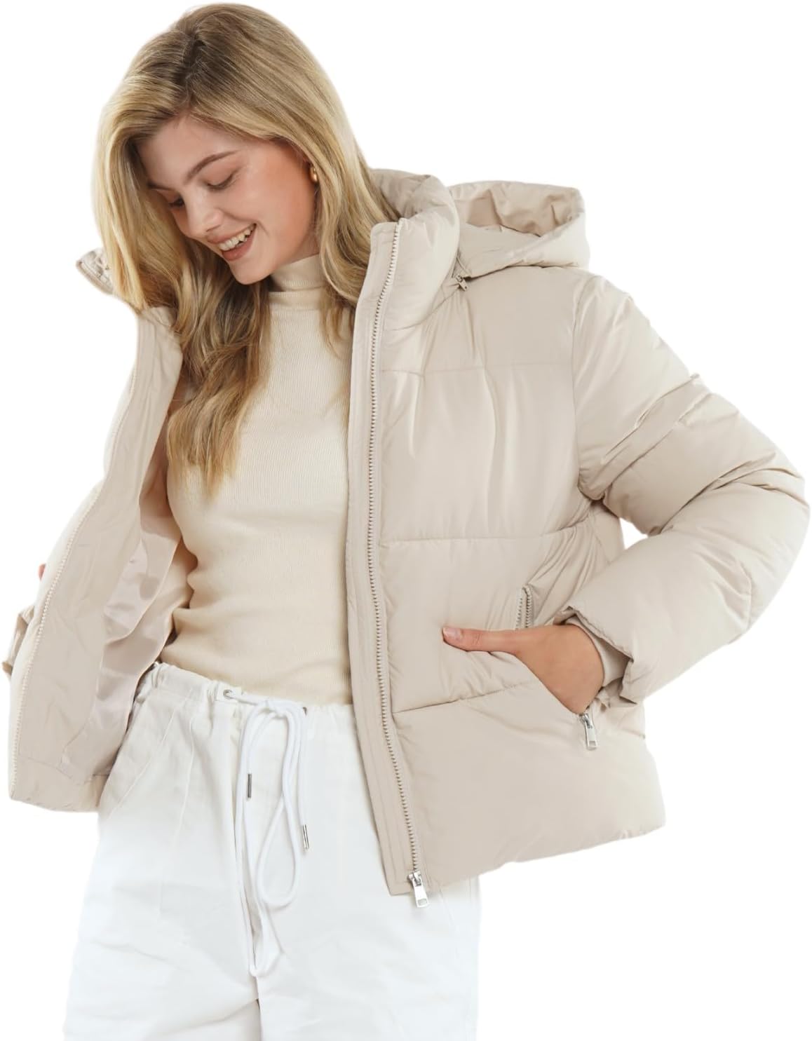 Women's Cropped Quilted Puffer Jacket with Removable Hood and Zippered Pockets Short Winter Coat