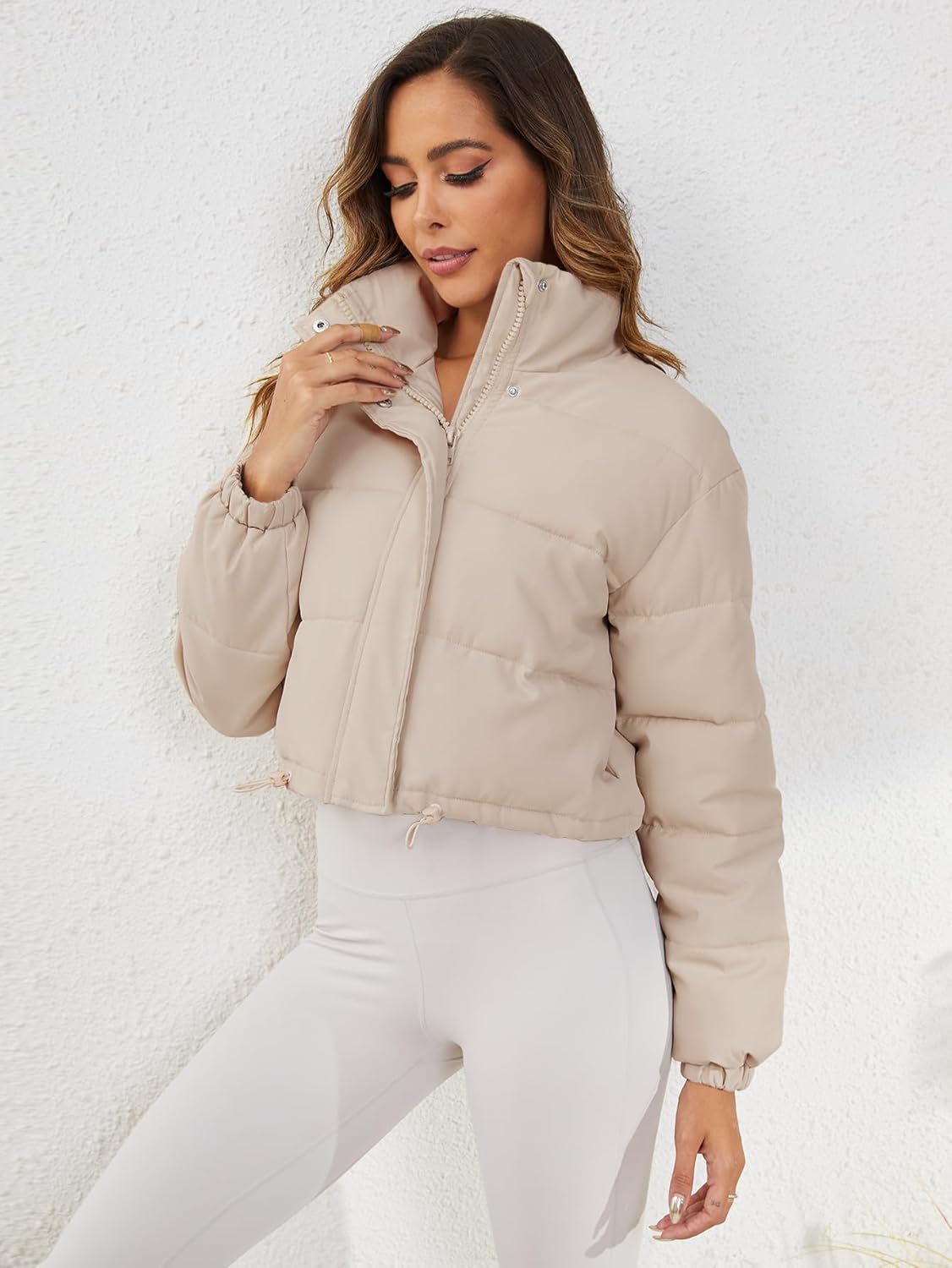 Women's Cropped Quilted Puffer Jacket Long Sleeve Stand Collar Zip-Up Puffy Coat with Drawstring & Pockets