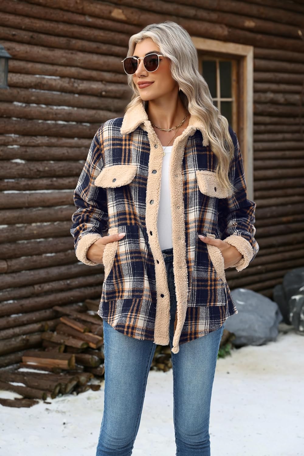 Zeagoo Women's Plaid Flannel Sherpa Lined Shacket Fleece Button Down Cozy Warm Fall Winter Jacket Coat S-XXL