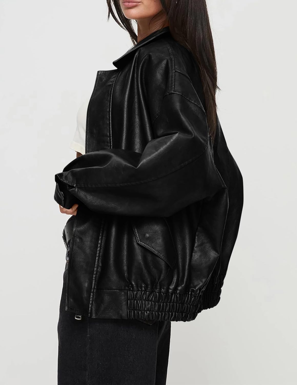 PRETTYGARDEN Women's Oversized Faux Leather Motorcycle Jacket Zip-Up Fall Spring Winter Coat Outerwear