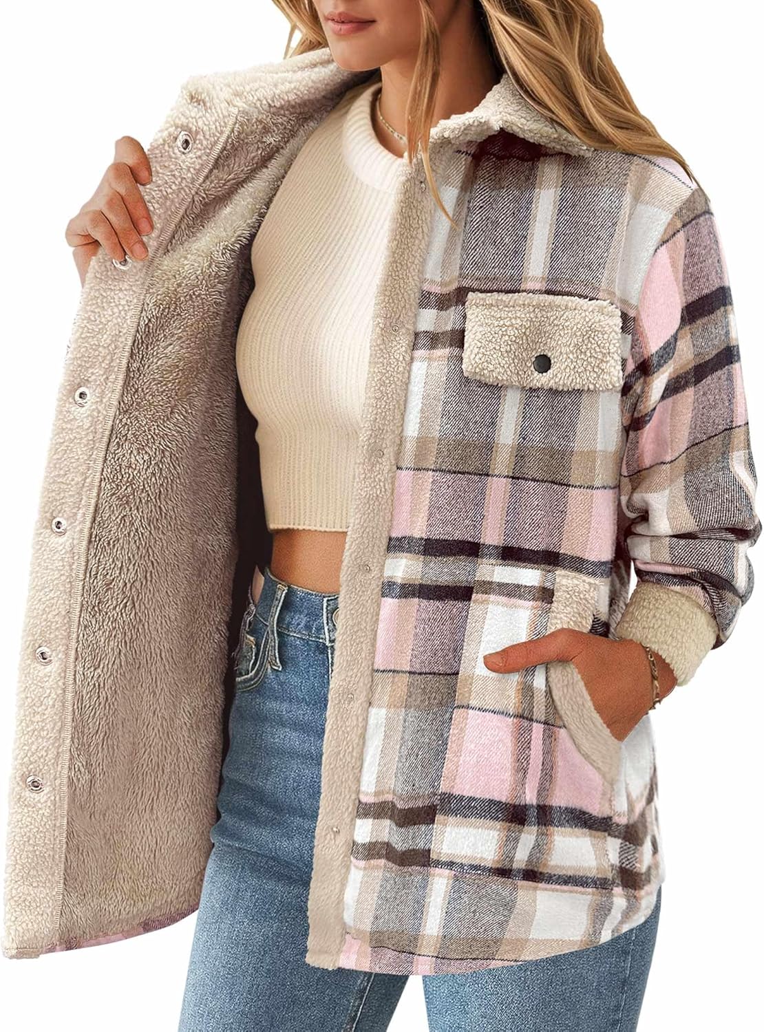 Zeagoo Women's Plaid Flannel Sherpa Lined Shacket Fleece Button Down Cozy Warm Fall Winter Jacket Coat S-XXL