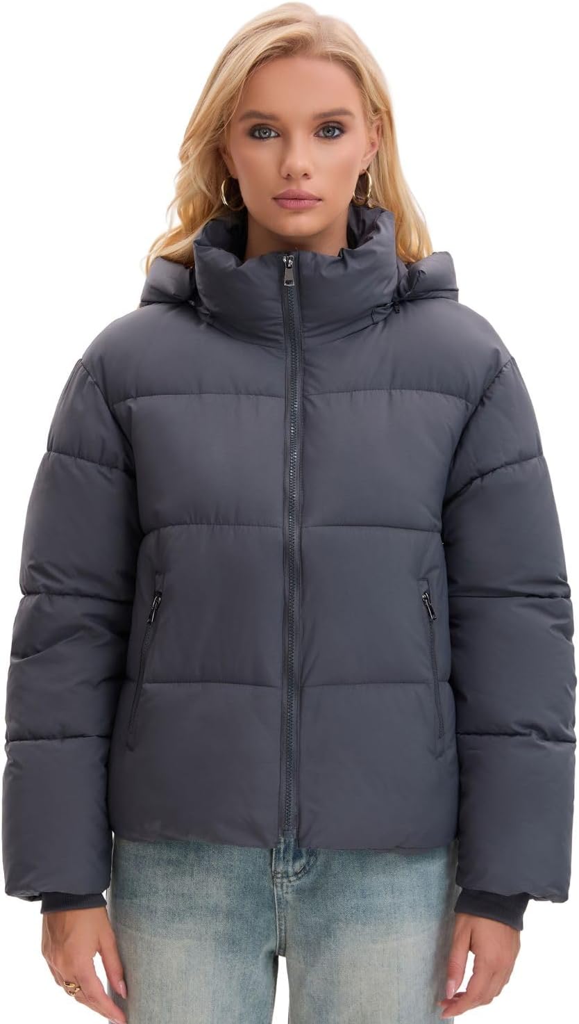 Women's Cropped Quilted Puffer Jacket with Removable Hood and Zippered Pockets Short Winter Coat