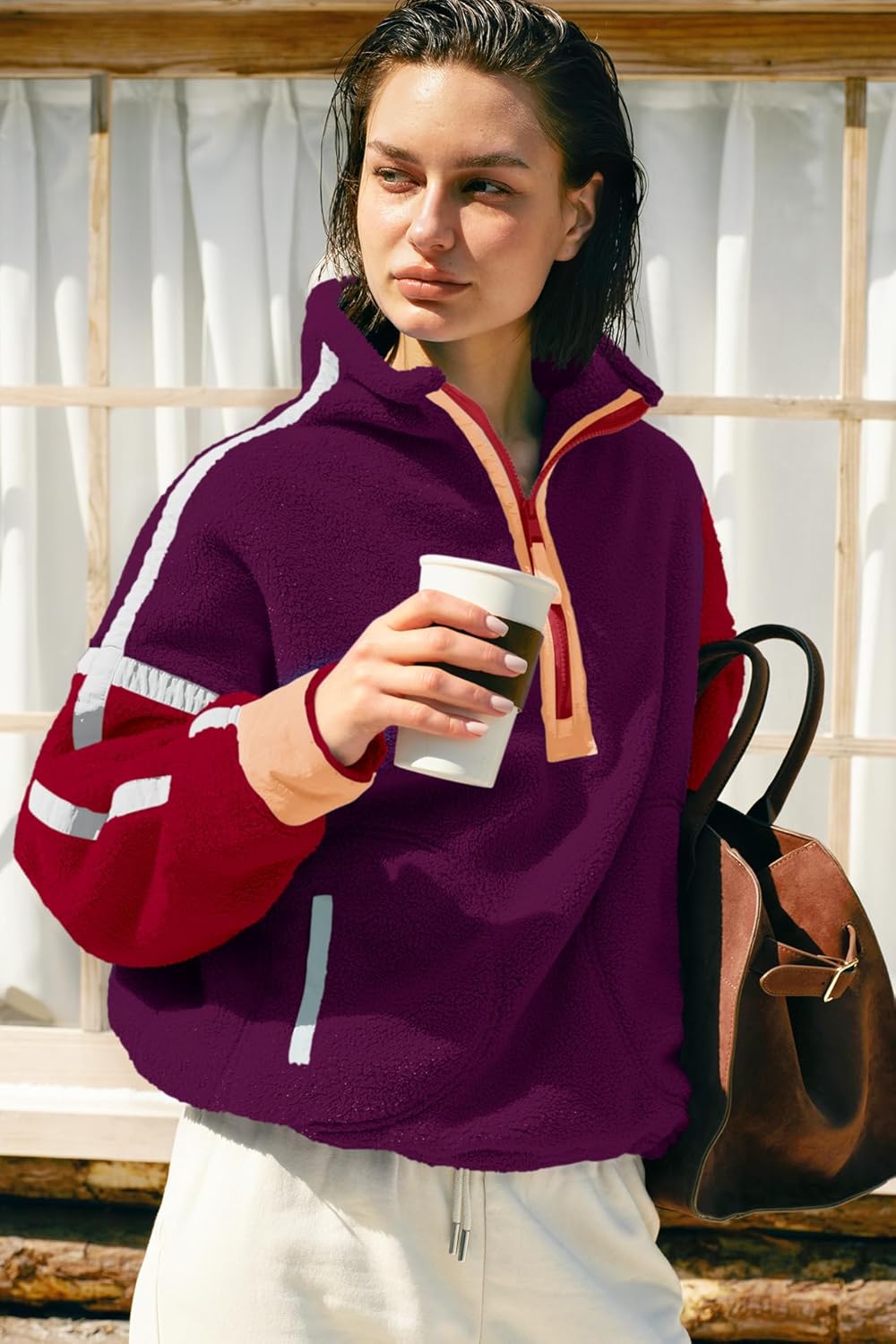 Panadila Women's Oversized Half Zip Sherpa Fleece Pullover Soft Fuzzy Sweatshirt with Pockets