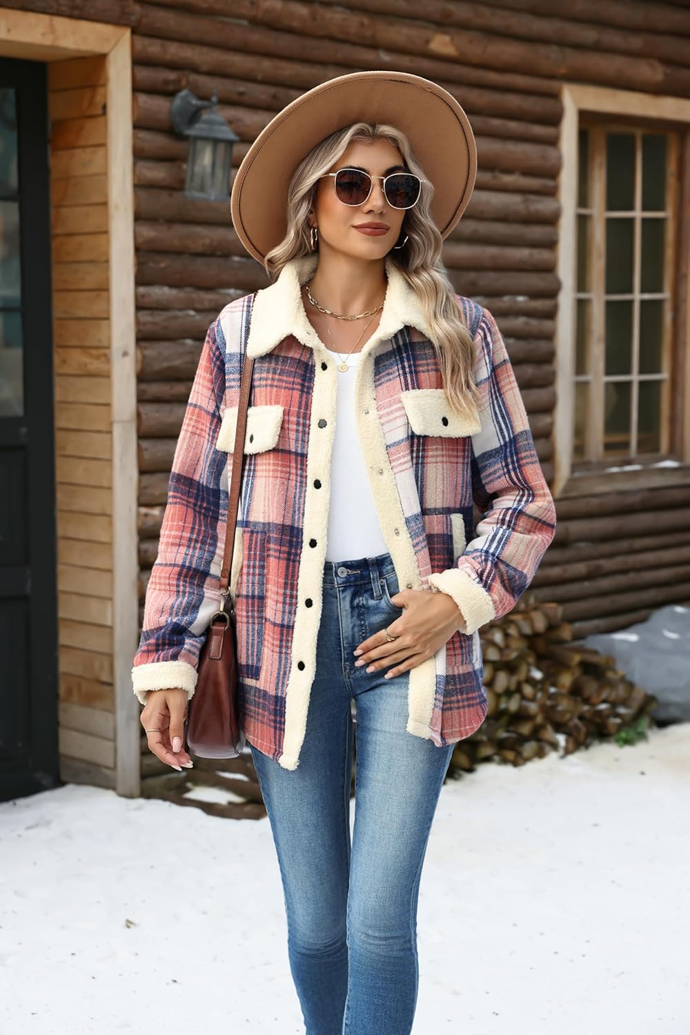 Zeagoo Women's Plaid Flannel Sherpa Lined Shacket Fleece Button Down Cozy Warm Fall Winter Jacket Coat S-XXL