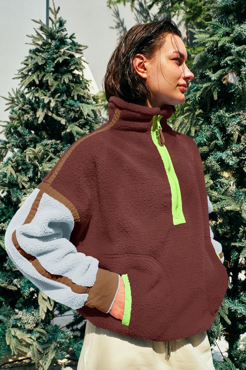 Panadila Women's Oversized Half Zip Sherpa Fleece Pullover Soft Fuzzy Sweatshirt with Pockets