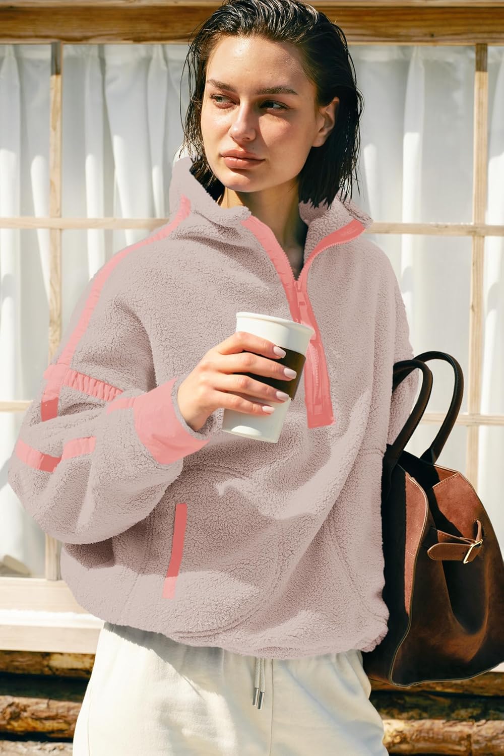 Panadila Women's Oversized Half Zip Sherpa Fleece Pullover Soft Fuzzy Sweatshirt with Pockets