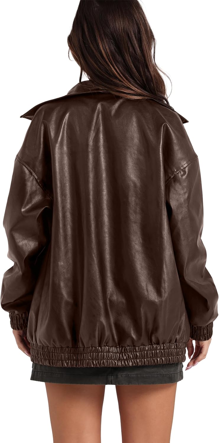 Sampeel Women's Faux Leather Oversized Motorcycle Jacket 2025 Fall Fashion Bomber Coat Winter Outfit