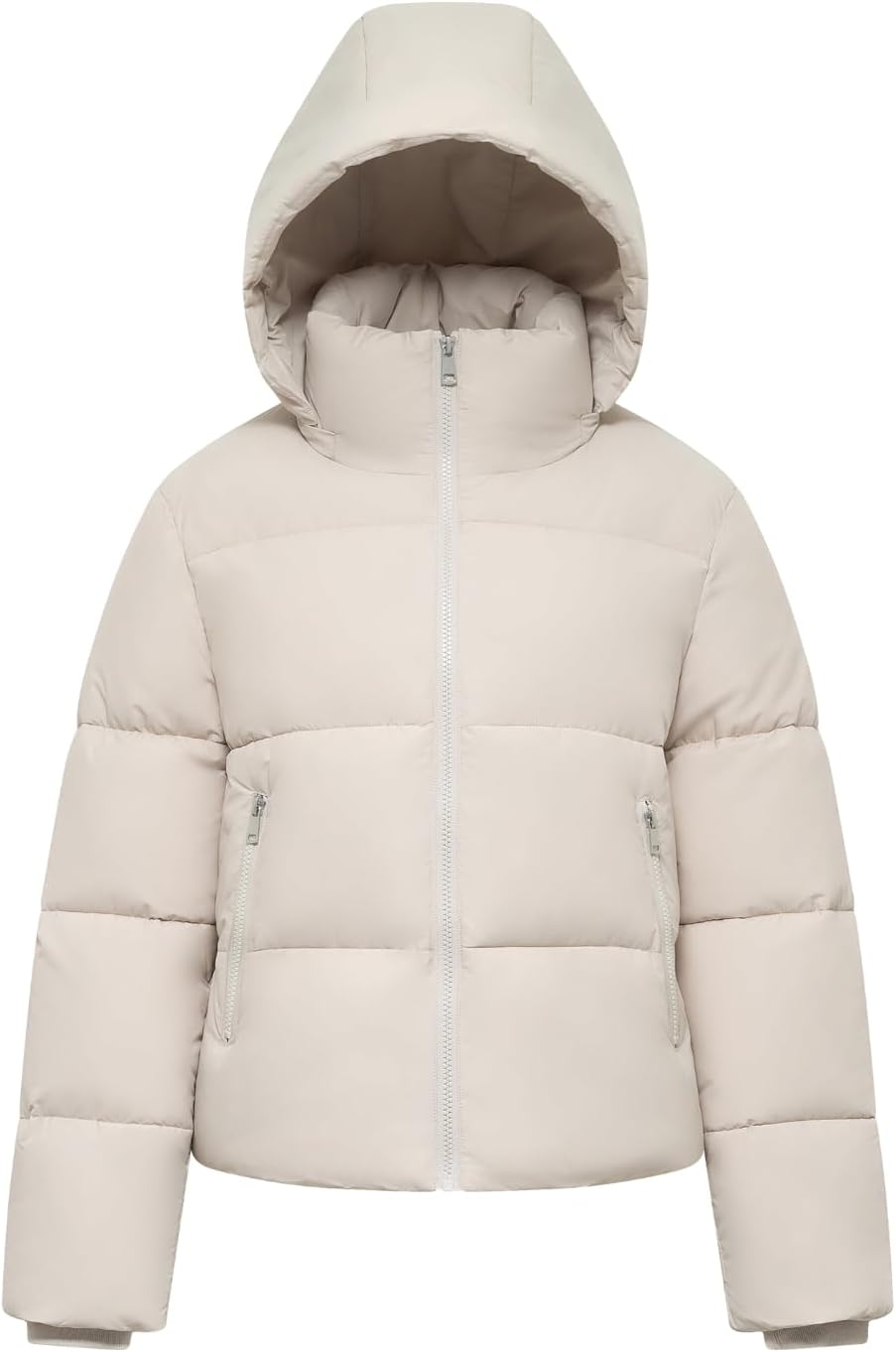 Women's Cropped Quilted Puffer Jacket with Removable Hood and Zippered Pockets Short Winter Coat