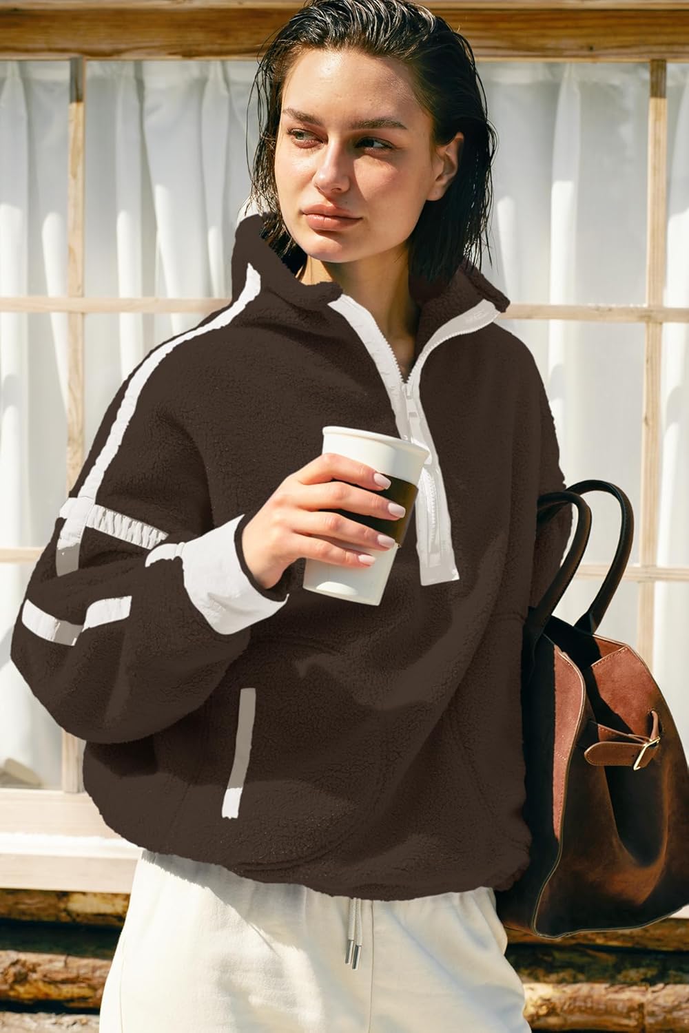 Panadila Women's Oversized Half Zip Sherpa Fleece Pullover Soft Fuzzy Sweatshirt with Pockets