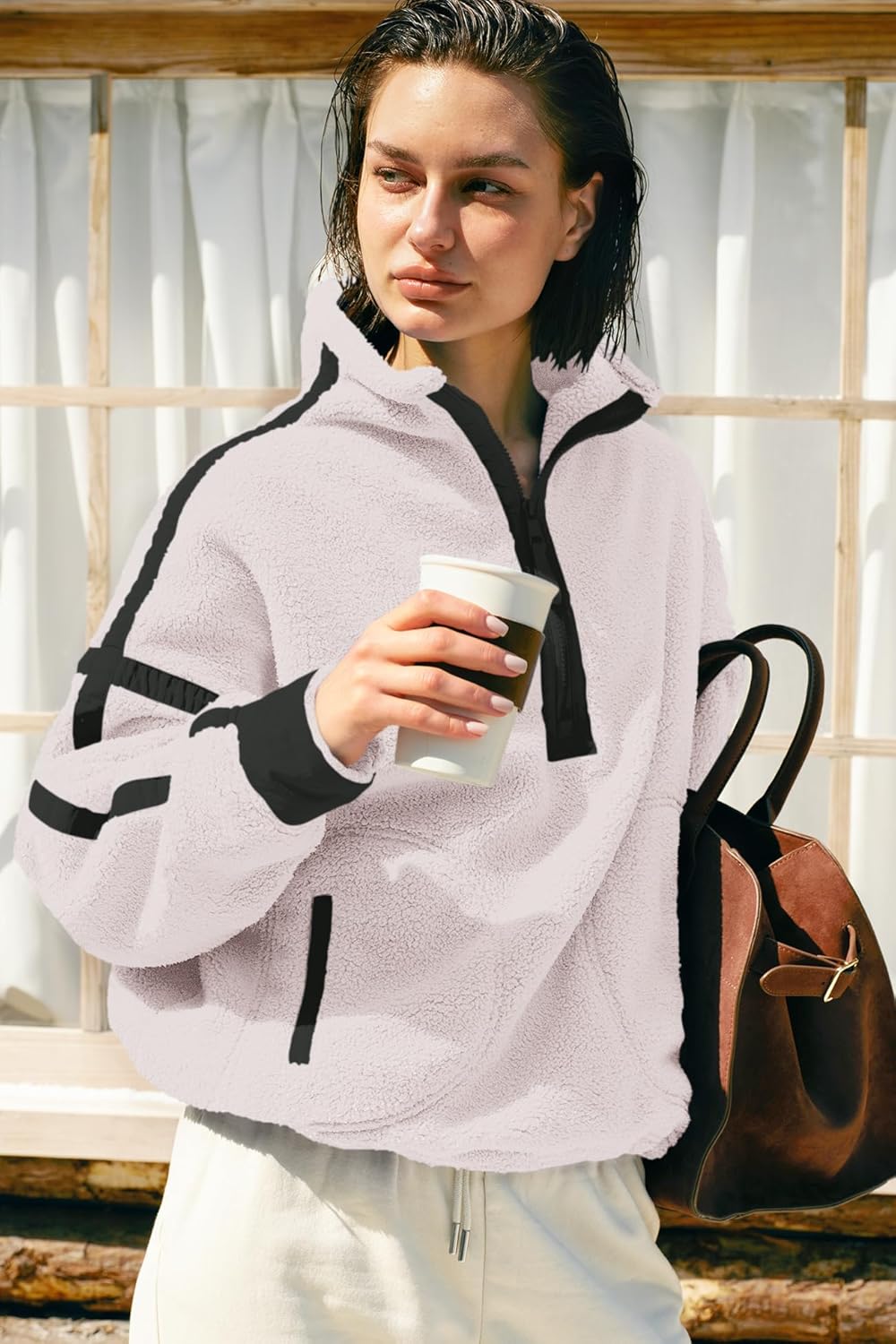 Panadila Women's Oversized Half Zip Sherpa Fleece Pullover Soft Fuzzy Sweatshirt with Pockets