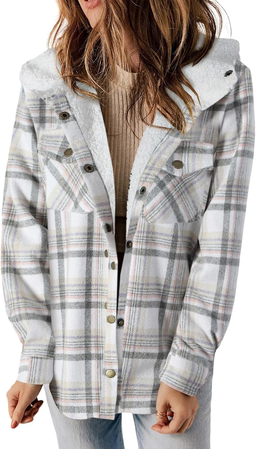 Dokotoo Women's Plaid Fleece Hooded Shacket Long Sleeve Button Down Warm Jacket Coat