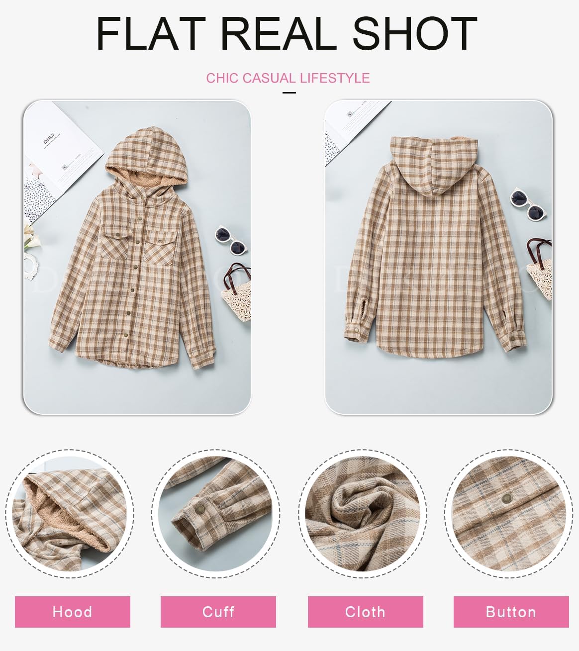 Dokotoo Women's Plaid Fleece Hooded Shacket Long Sleeve Button Down Warm Jacket Coat