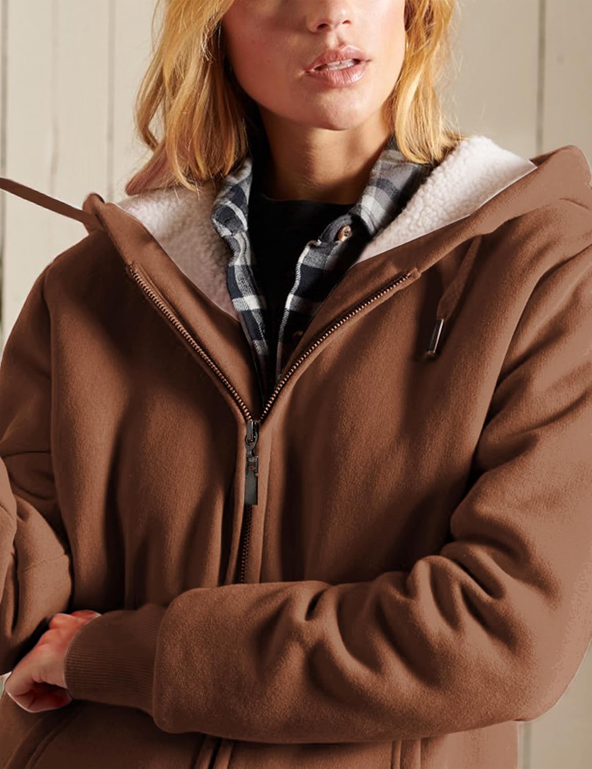 Yeokou Women's Casual Sherpa-Lined Full Zip Hoodie Jacket