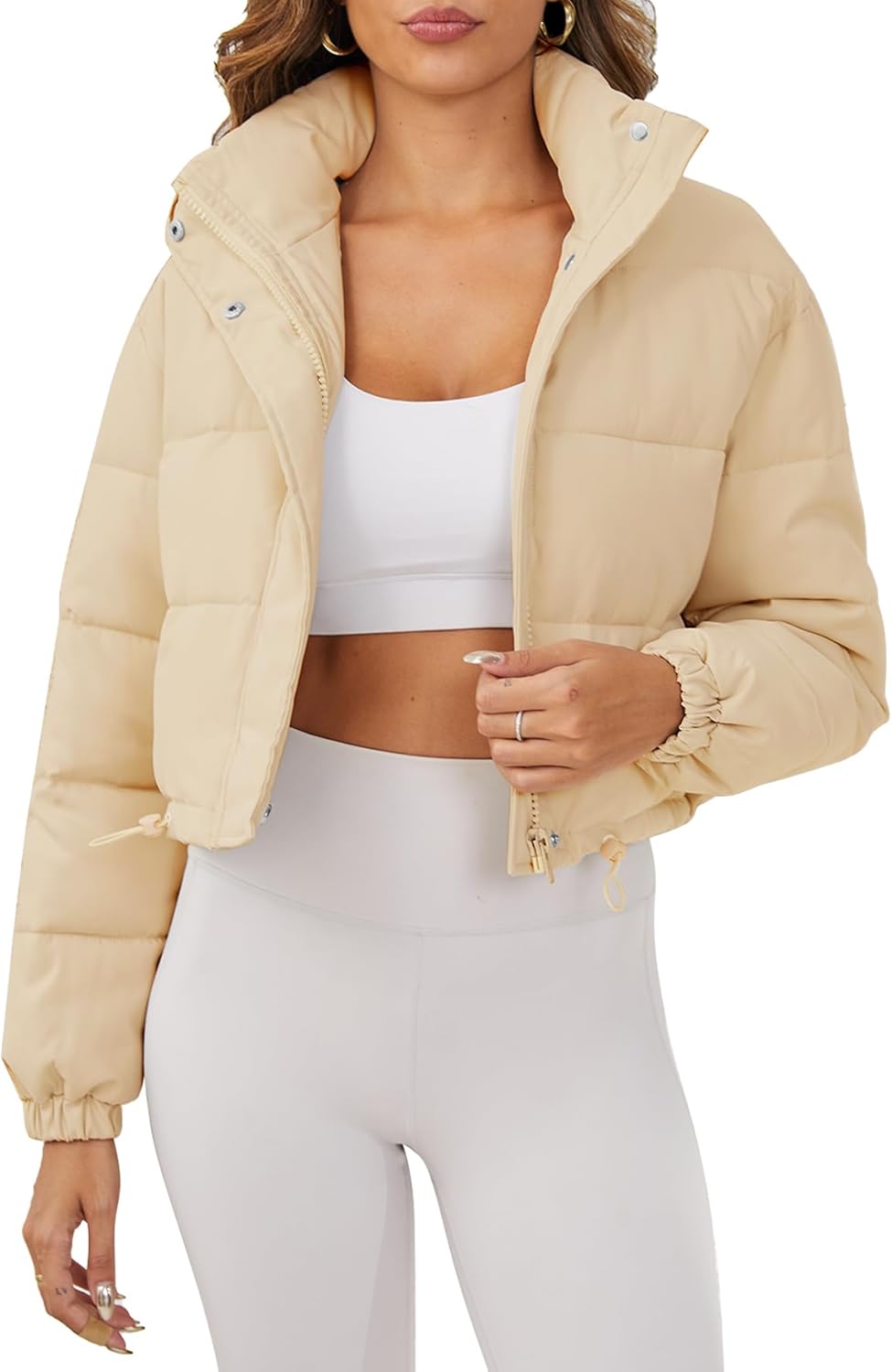 Women's Cropped Quilted Puffer Jacket Long Sleeve Stand Collar Zip-Up Puffy Coat with Drawstring & Pockets