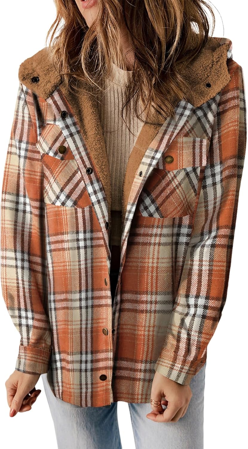 Dokotoo Women's Plaid Fleece Hooded Shacket Long Sleeve Button Down Warm Jacket Coat