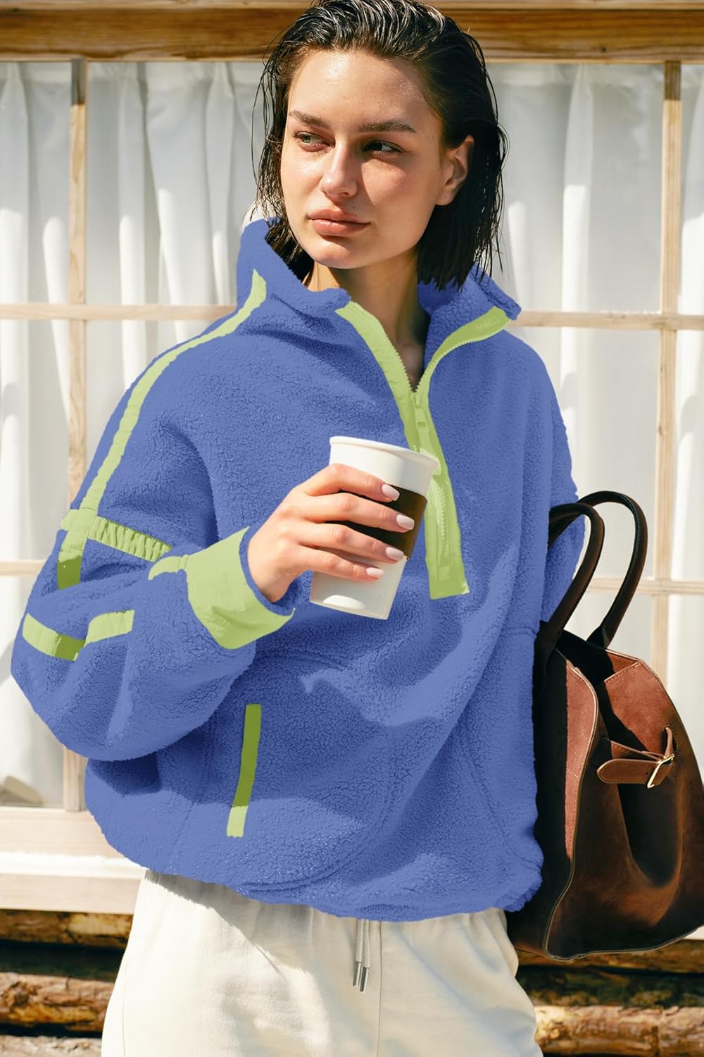 Panadila Women's Oversized Half Zip Sherpa Fleece Pullover Soft Fuzzy Sweatshirt with Pockets