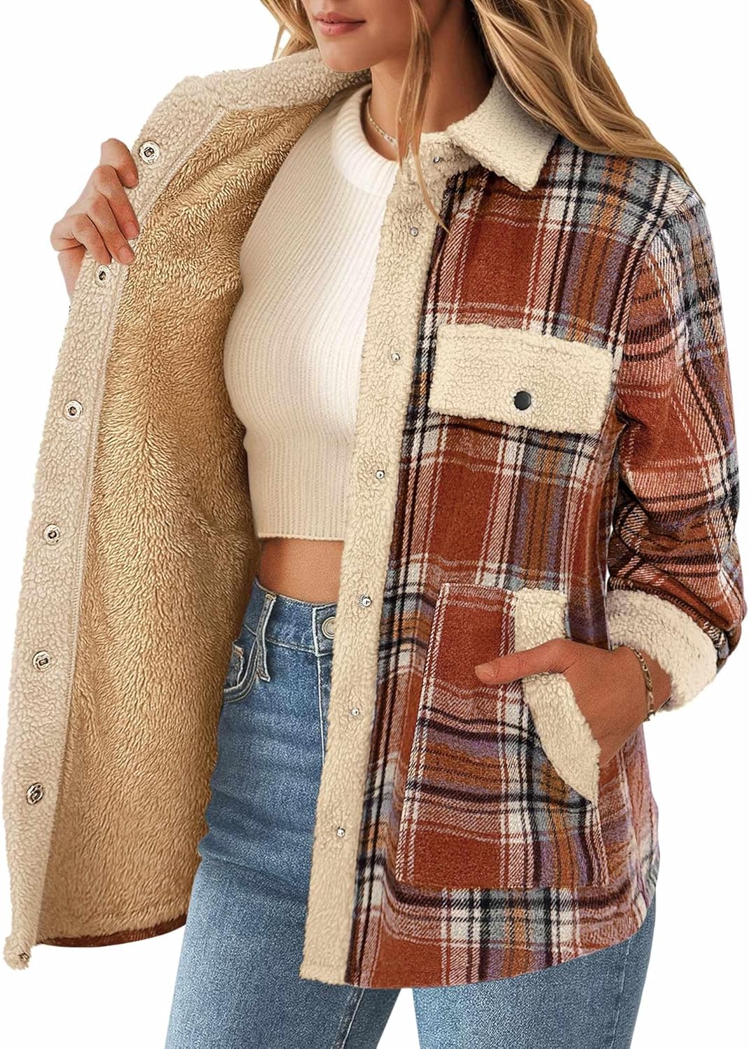 Zeagoo Women's Plaid Flannel Sherpa Lined Shacket Fleece Button Down Cozy Warm Fall Winter Jacket Coat S-XXL