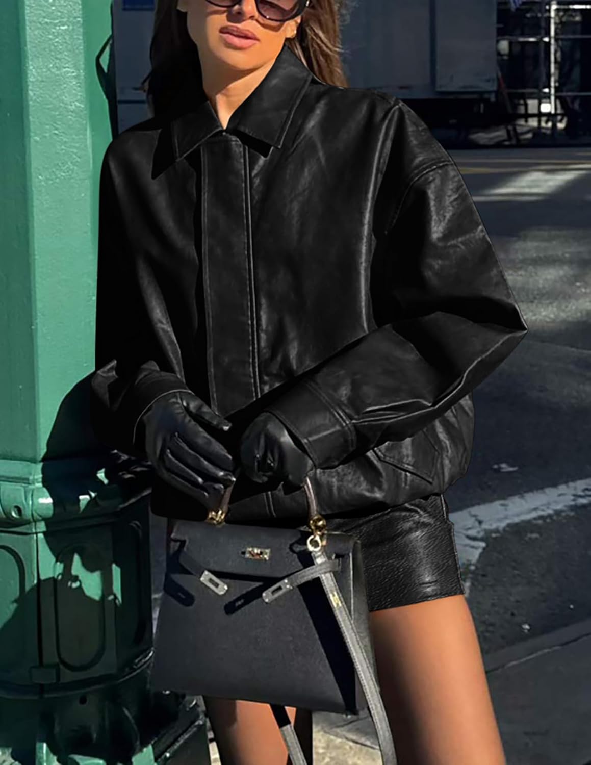 PRETTYGARDEN Women's Oversized Faux Leather Motorcycle Jacket Zip-Up Fall Spring Winter Coat Outerwear